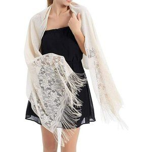 Women's Floral Lace Mesh Party Prom Wedding Shawl Scarf with Fringe